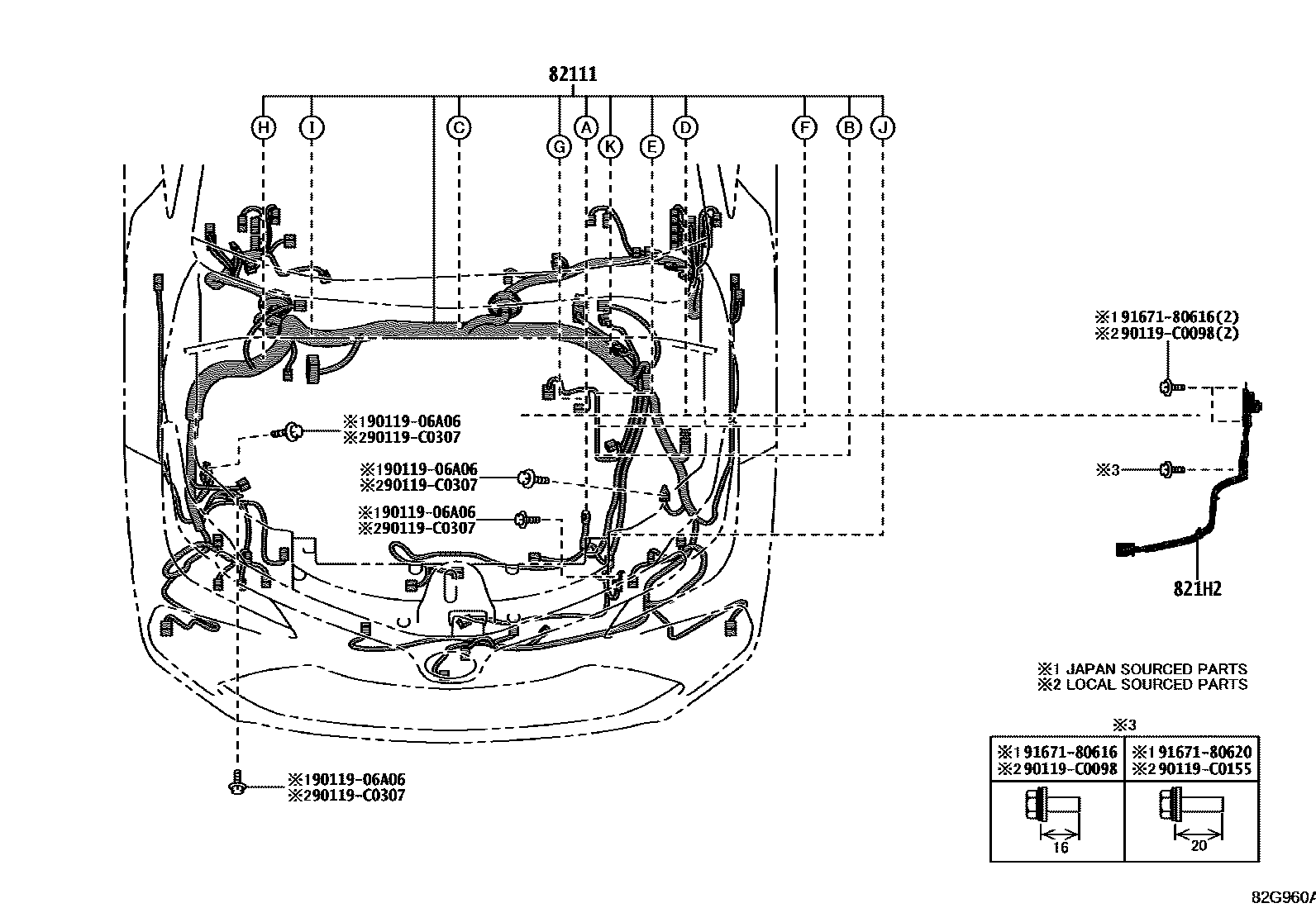 Toyota COROLLA 线束和卡夹 EPC diagram — 82G960A