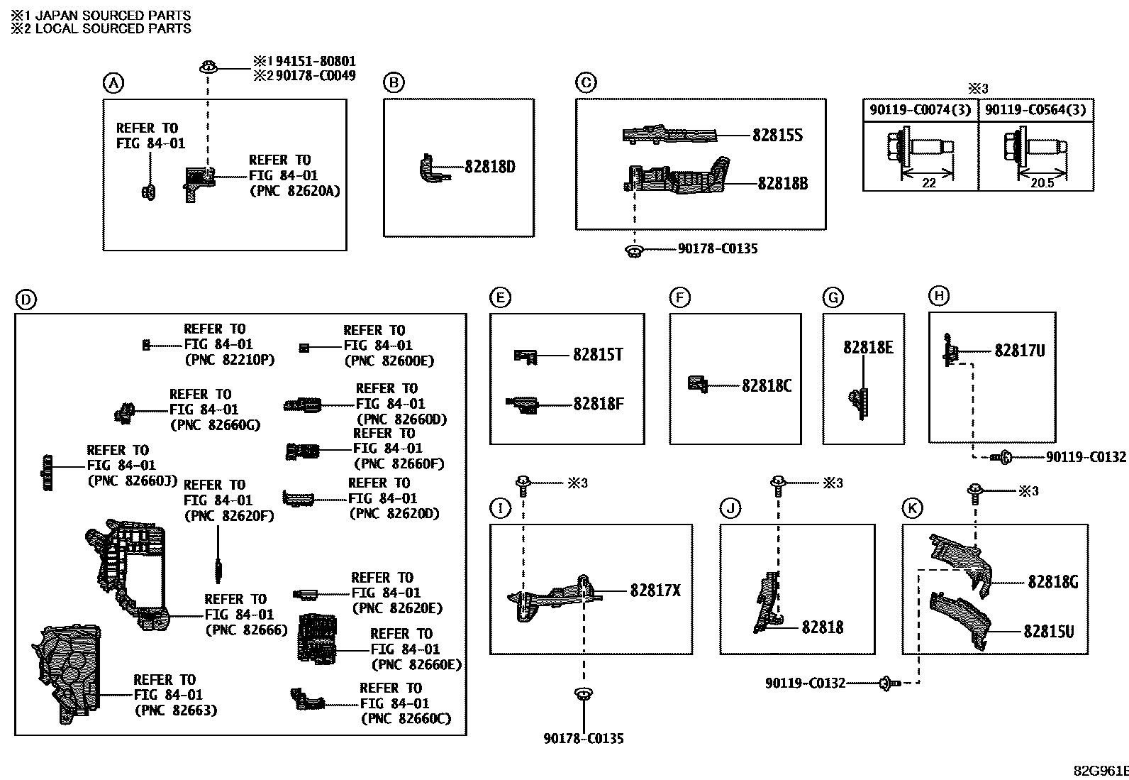 Toyota COROLLA 线束和卡夹 EPC diagram — 82G961E