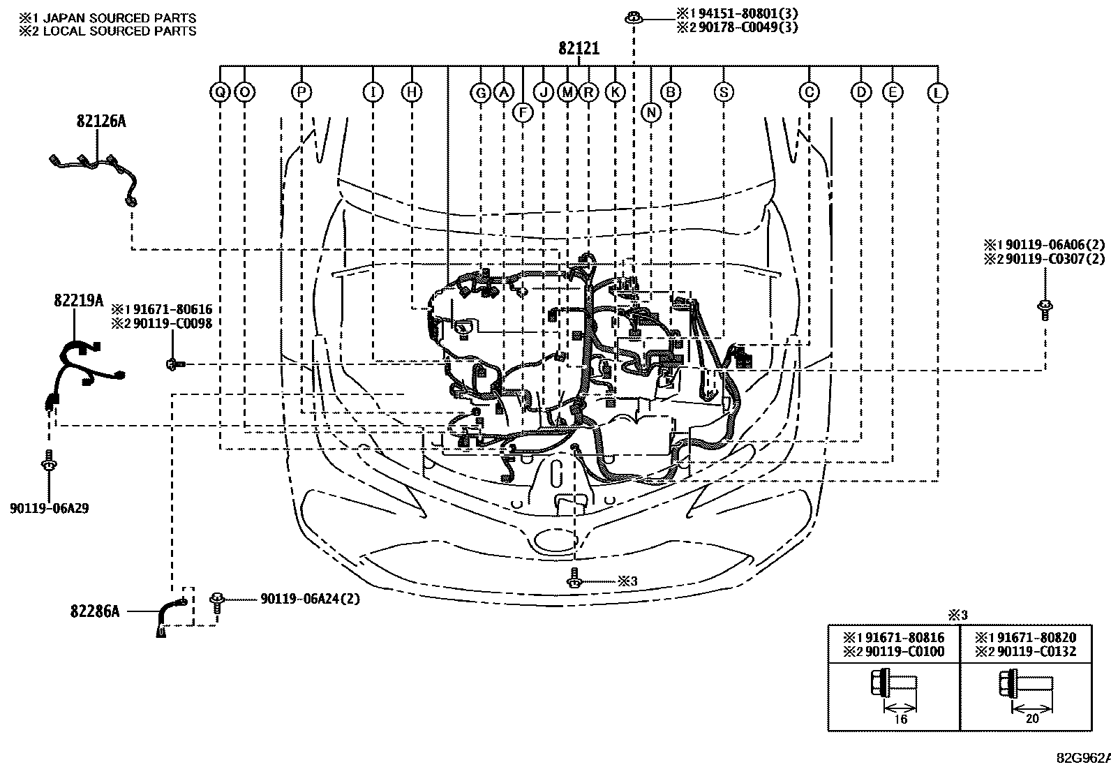 Toyota COROLLA 线束和卡夹 EPC diagram — 82G962A