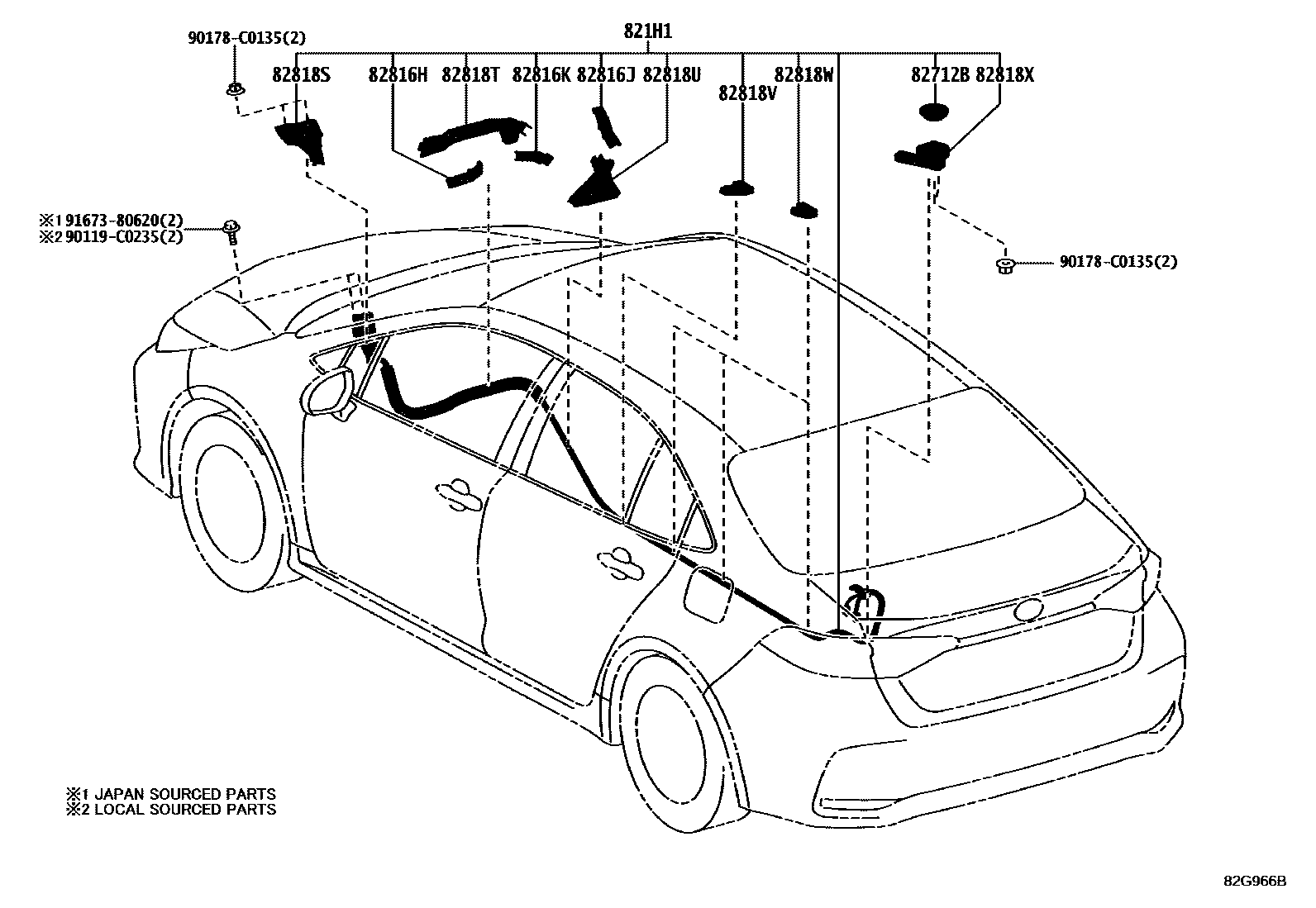 Toyota COROLLA 线束和卡夹 EPC diagram — 82G966B