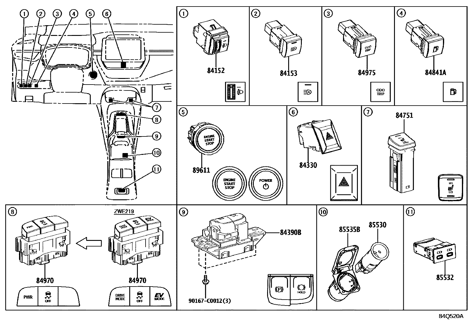 Toyota COROLLA 开关和继电器和ECU EPC diagram — 84Q520A