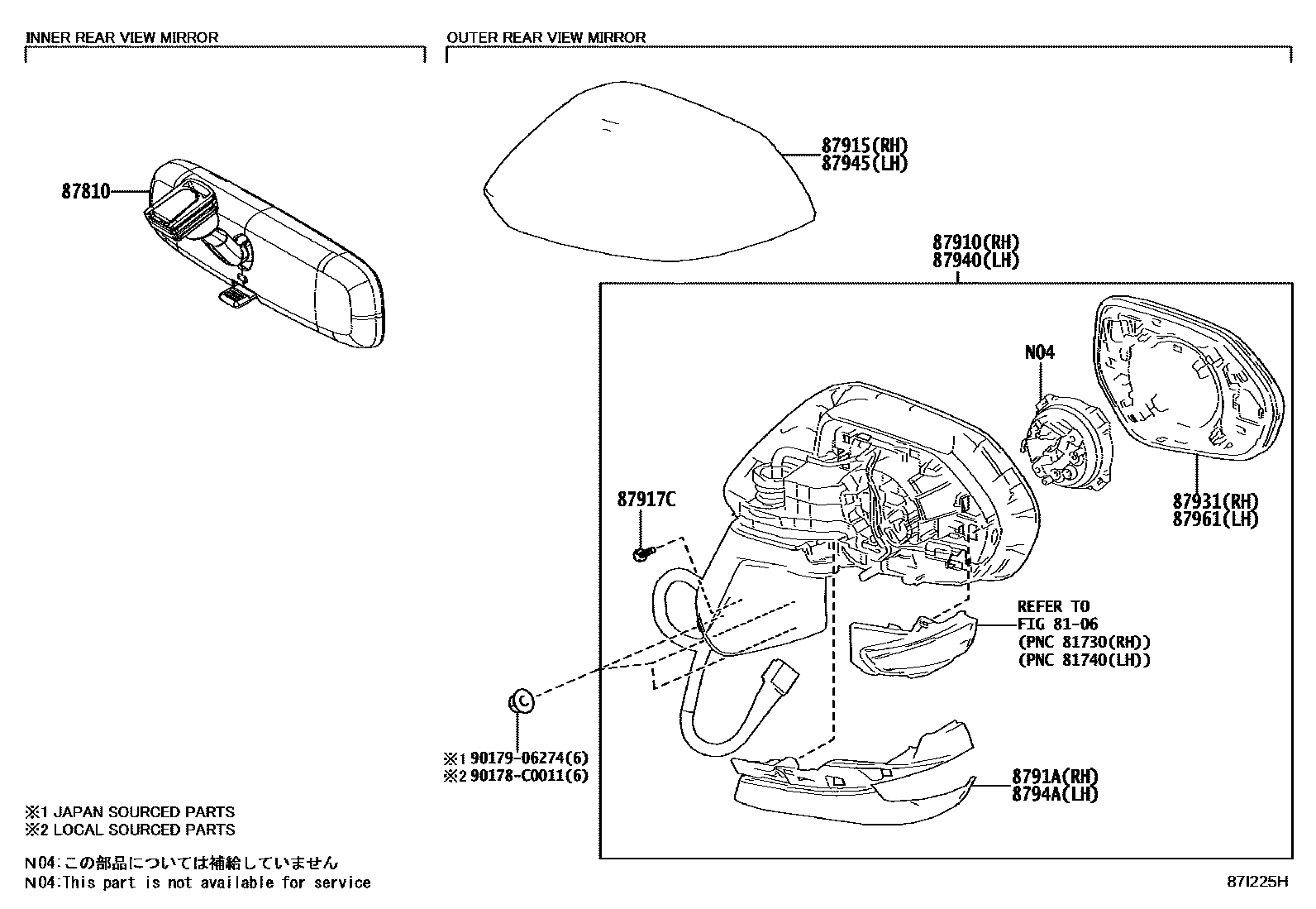 Toyota COROLLA 后视镜 EPC diagram — 87I225H