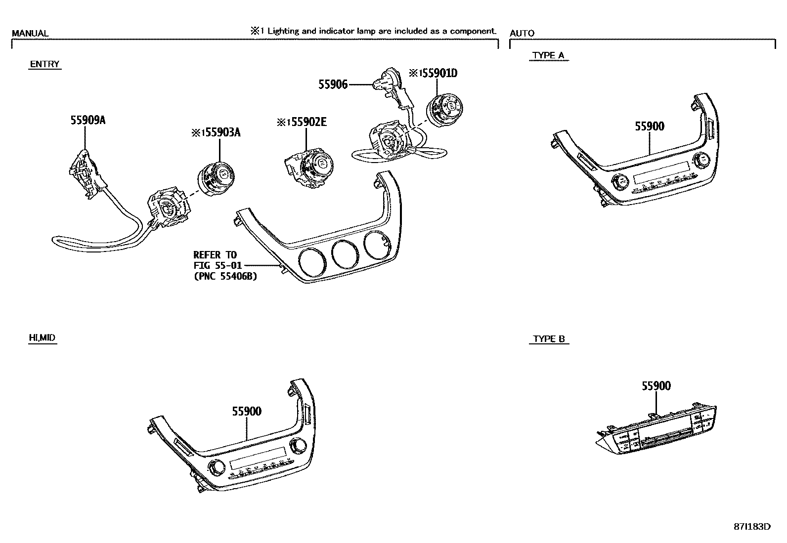 Toyota COROLLA 暖风和空调系统 - 控制器和风管 EPC diagram — 87I183D