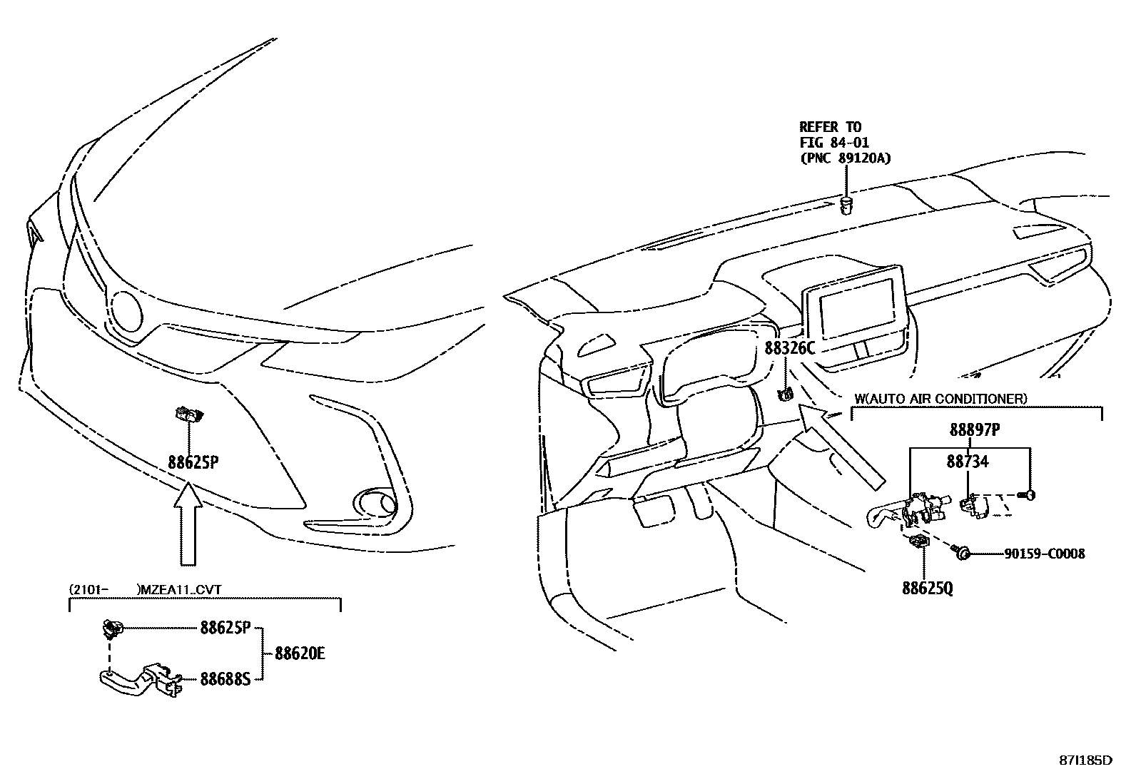 Toyota COROLLA 暖风和空调系统 - 控制器和风管 EPC diagram — 87I185D