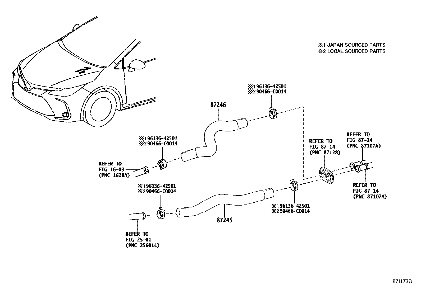 Toyota COROLLA 暖风和空调系统 - 水管 EPC diagram — 87I173B