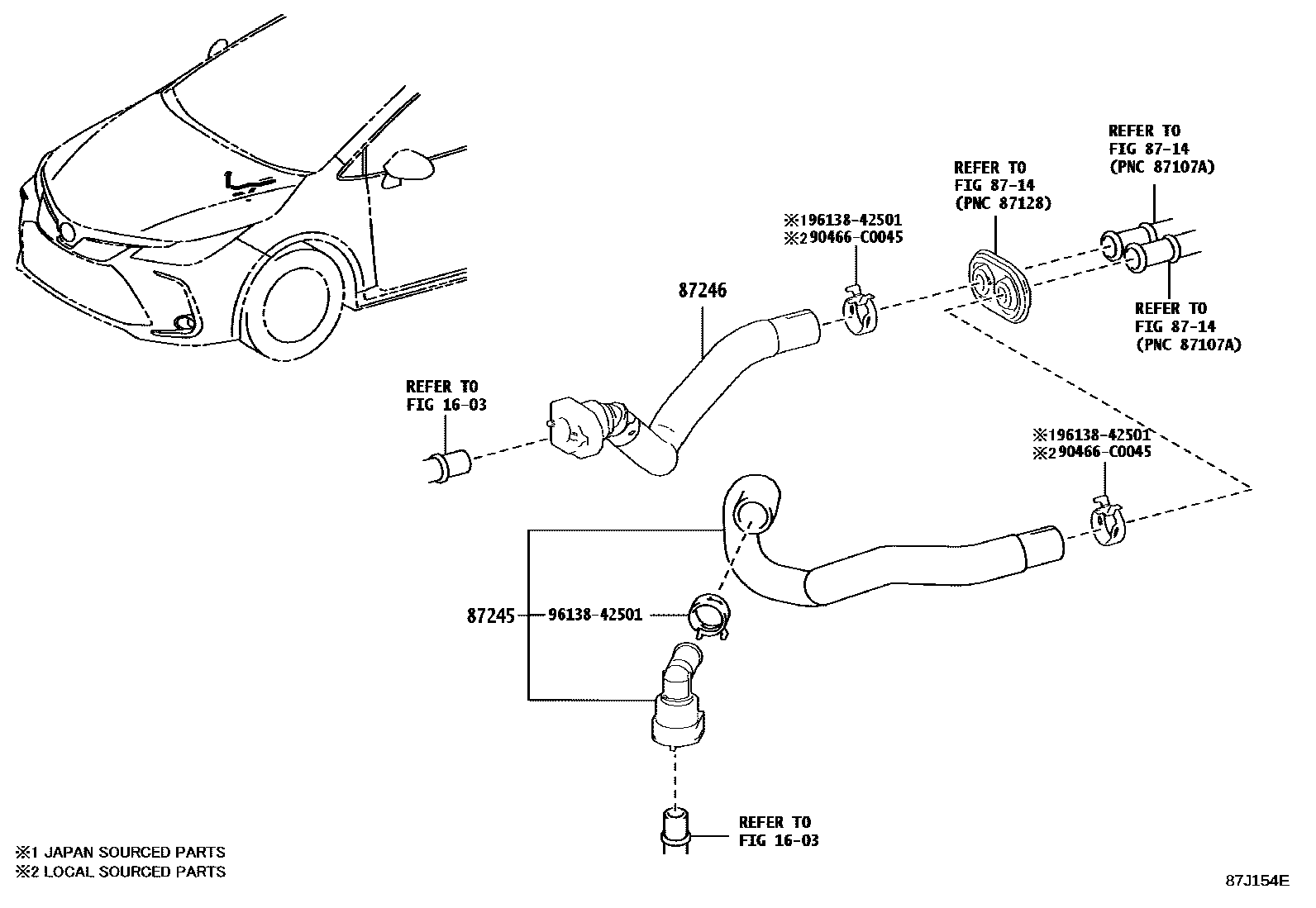 Toyota COROLLA 暖风和空调系统 - 水管 EPC diagram — 87J154E
