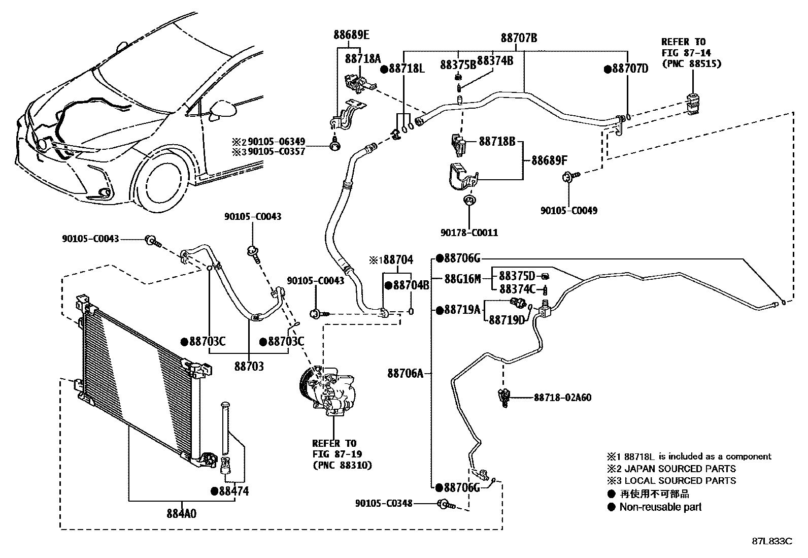 Toyota COROLLA Heating & Air Conditioning - Cooler Piping EPC diagram — 87L833C