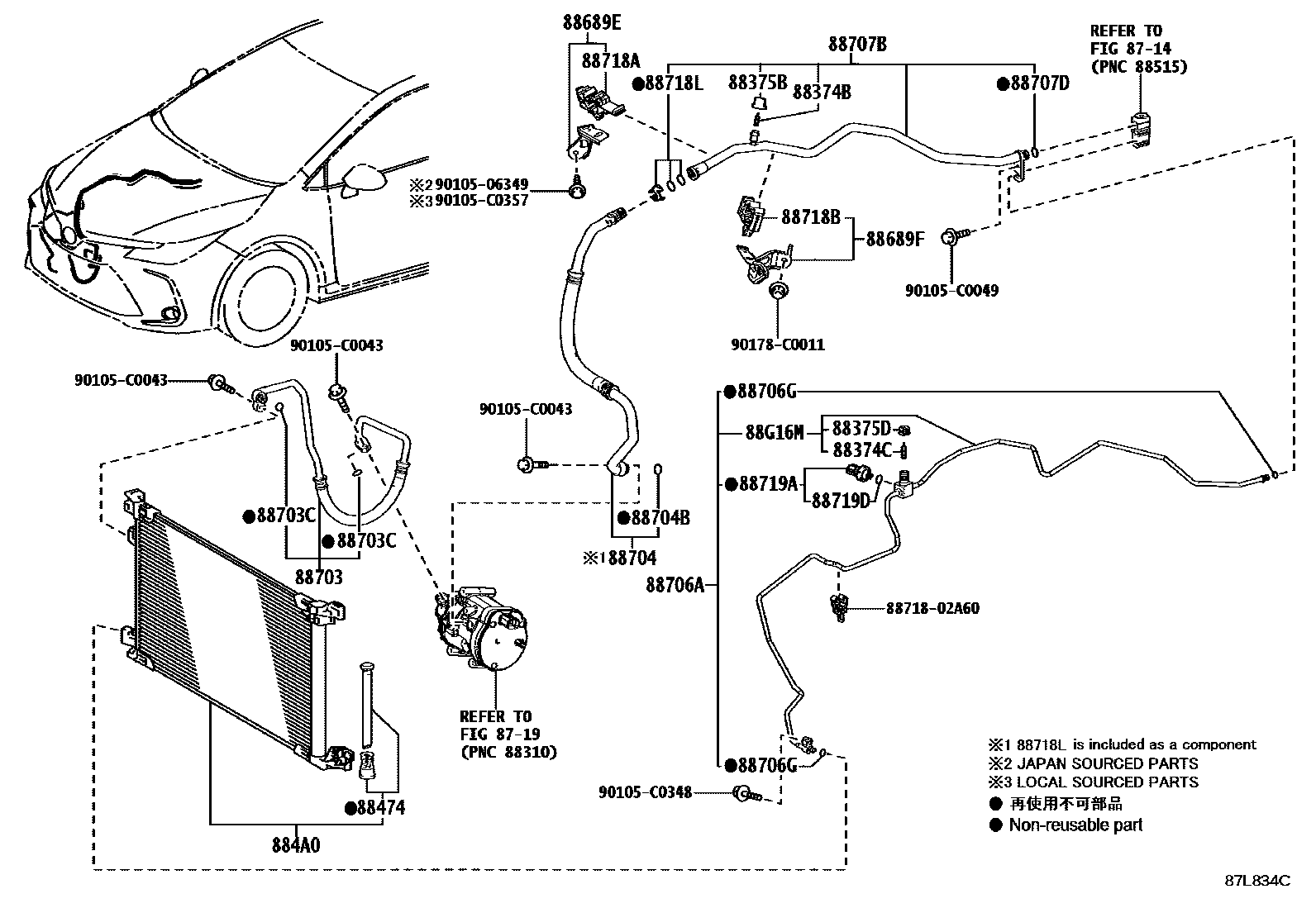 Toyota COROLLA Heating & Air Conditioning - Cooler Piping EPC diagram — 87L834C