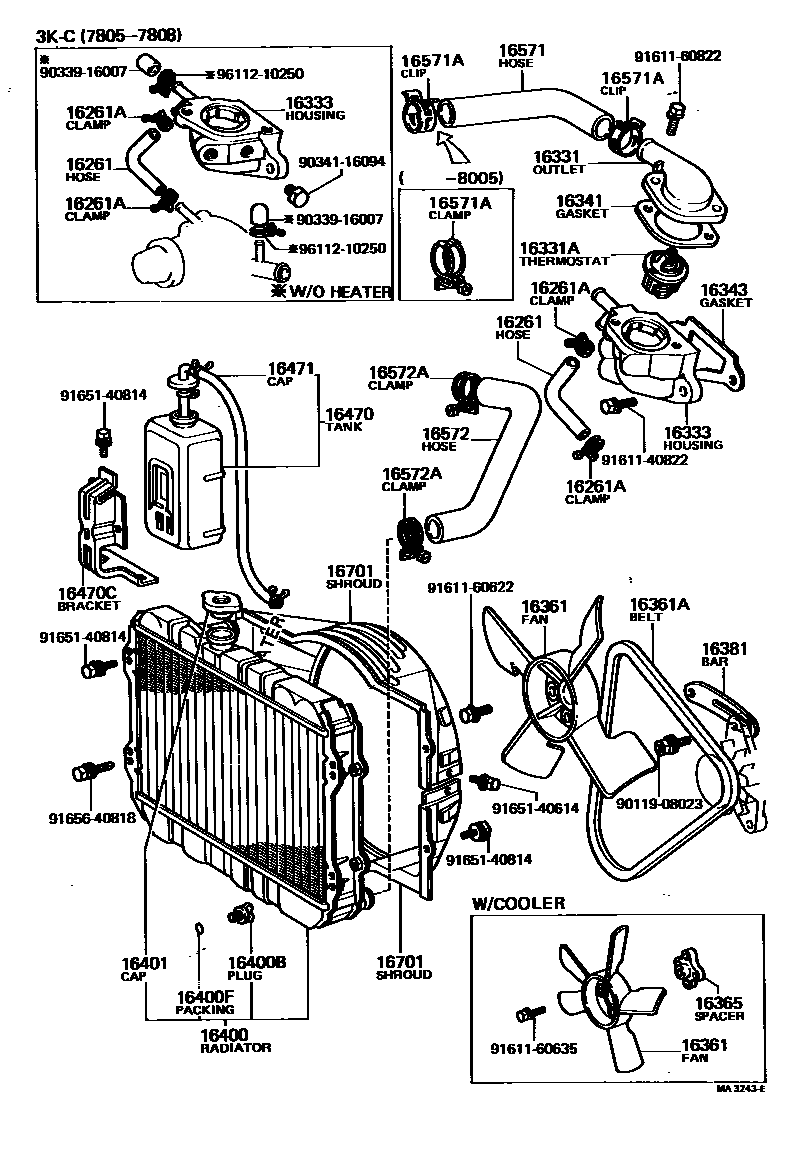 Toyota COROLLA RADIATOR & WATER OUTLET EPC diagram — MA3243E