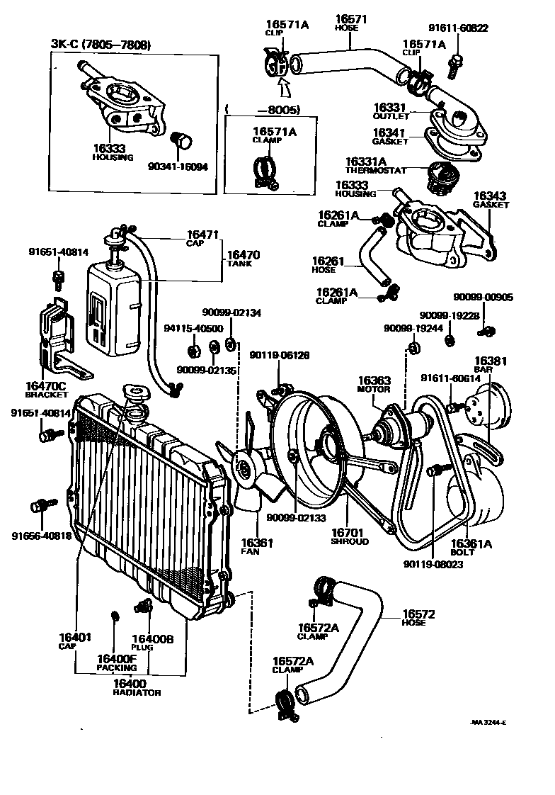 Toyota COROLLA RADIATOR & WATER OUTLET EPC diagram — MA3244E