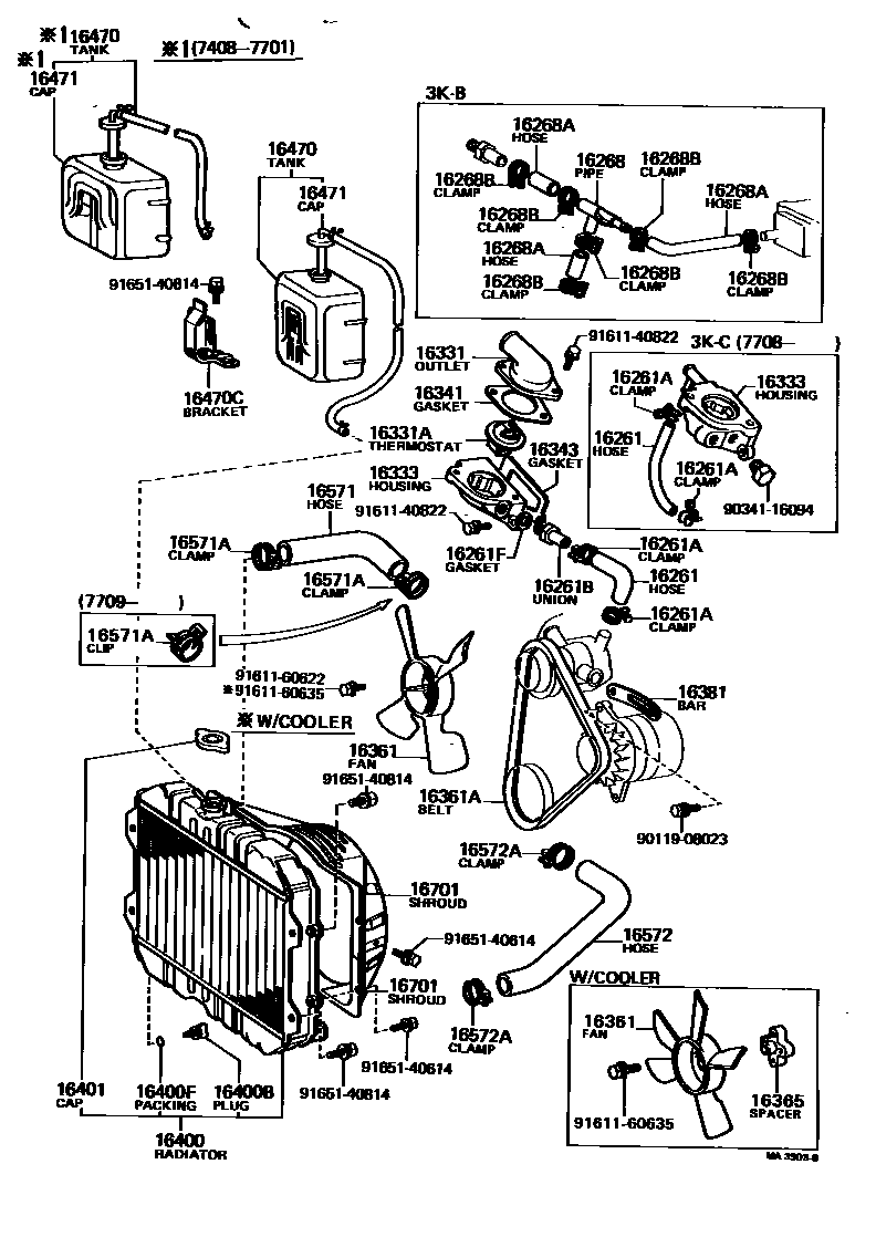 Toyota COROLLA RADIATOR & WATER OUTLET EPC diagram — MA3903B