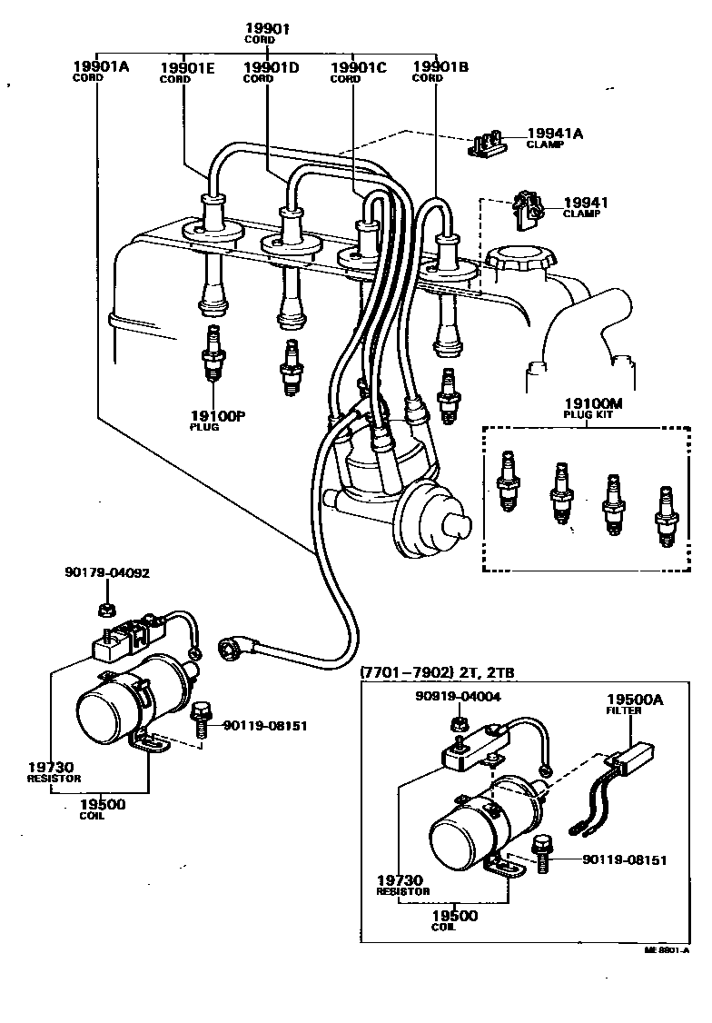 Toyota COROLLA 点火线圈和火花塞 /电热塞 EPC diagram — ME8801A