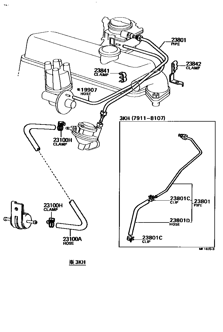 Toyota COROLLA 燃油管和卡箍 EPC diagram — MF1470B