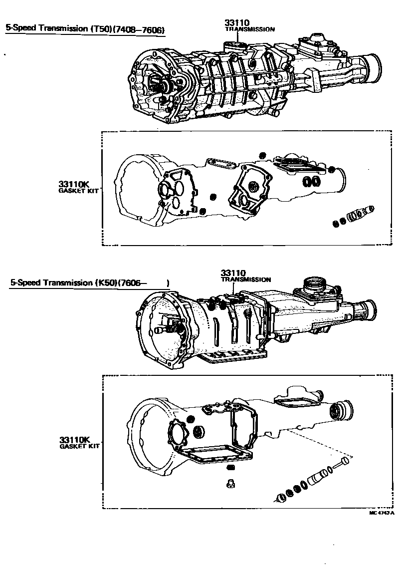 Toyota COROLLA 传动桥或变速器总成和衬垫组件(MTM) EPC diagram — MC4742A