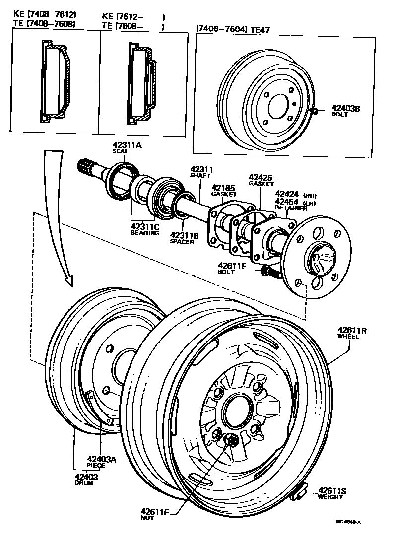 Toyota COROLLA 后桥半轴和后桥轮毂 EPC diagram — MC4640A