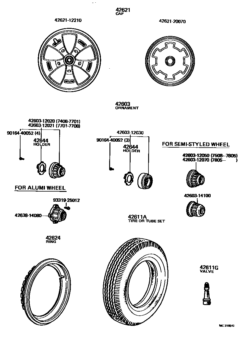 Toyota COROLLA 车轮和车轮盖 EPC diagram — MC3160G