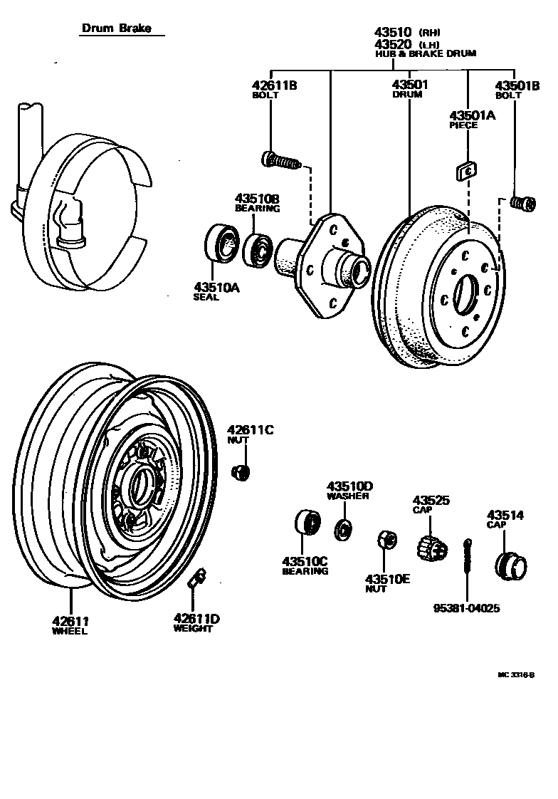 Toyota COROLLA Front Axle Hub EPC diagram — MC3316B