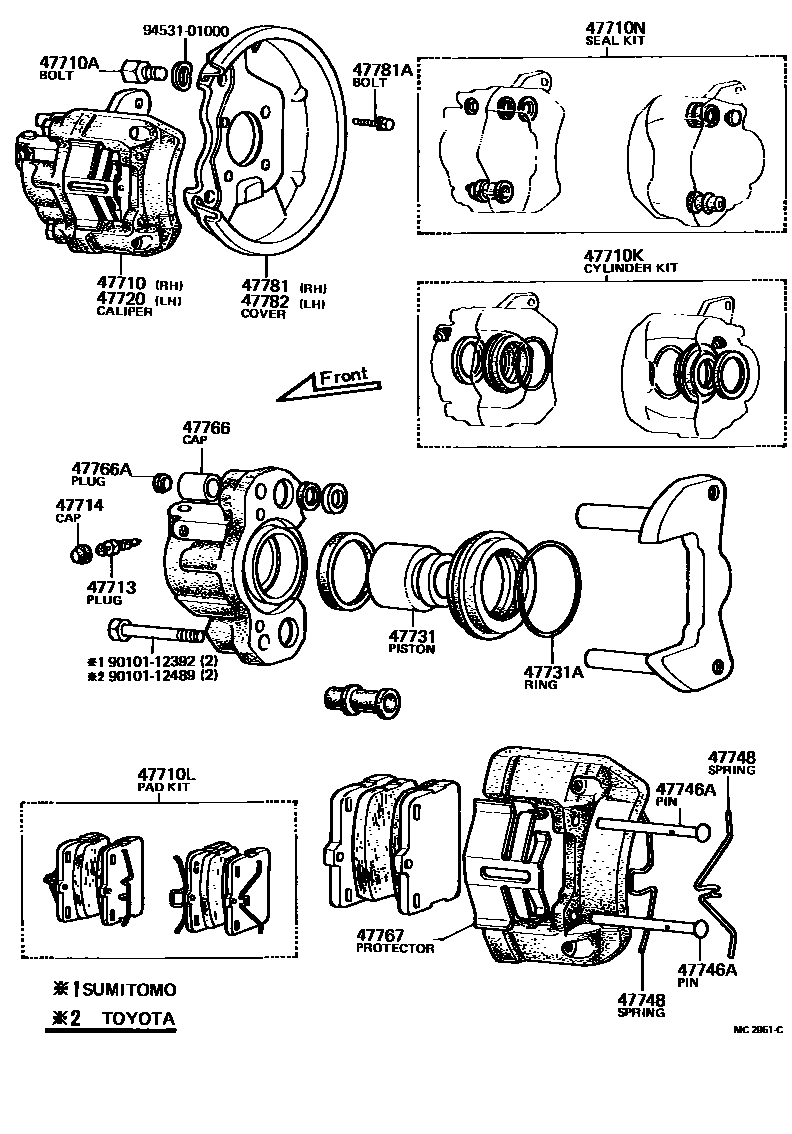 Toyota COROLLA 前盘式制动器卡钳和防尘罩 EPC diagram — MC2951C