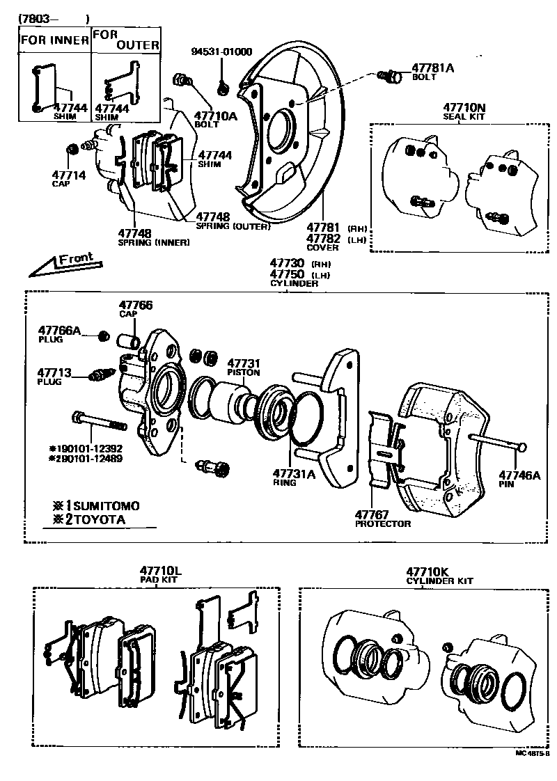Toyota COROLLA 前盘式制动器卡钳和防尘罩 EPC diagram — MC4815B