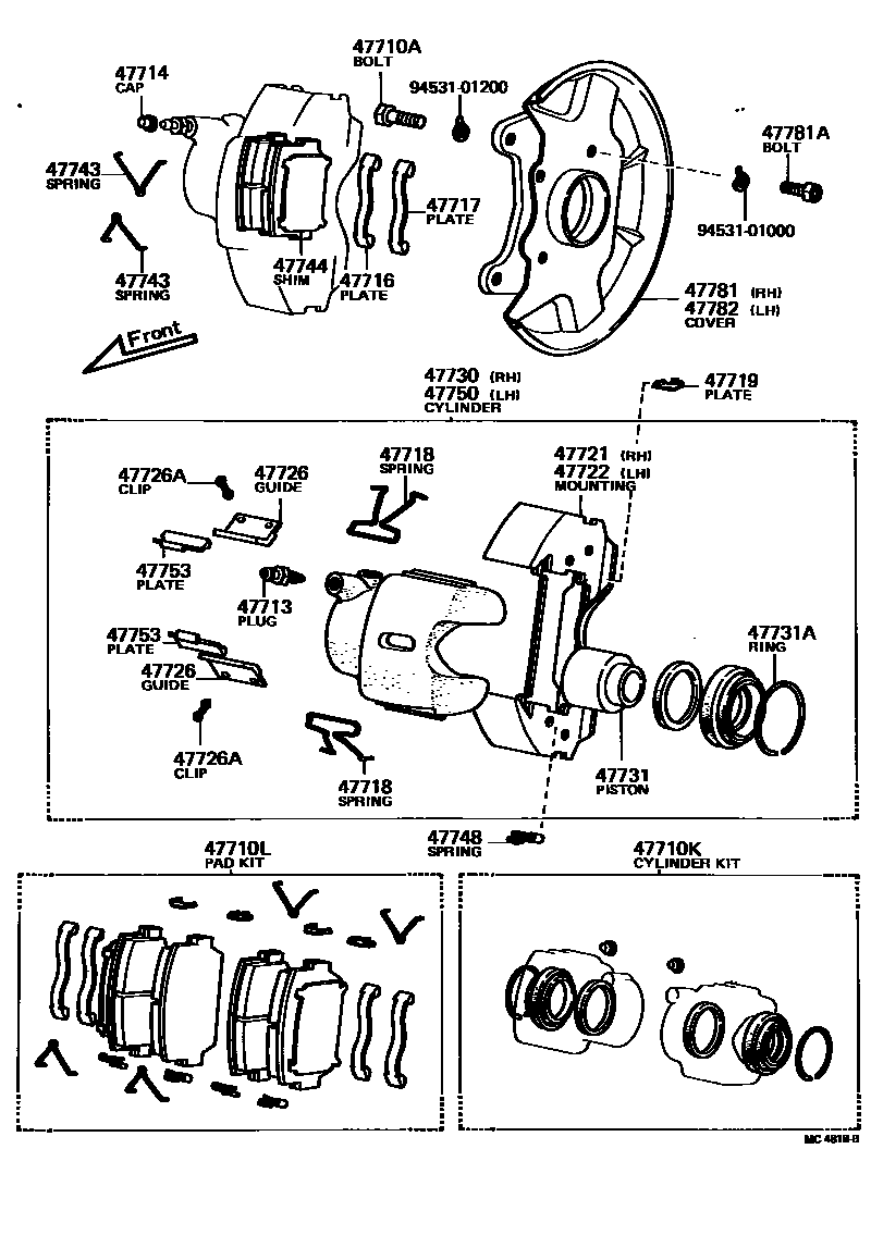 Toyota COROLLA 前盘式制动器卡钳和防尘罩 EPC diagram — MC4818B