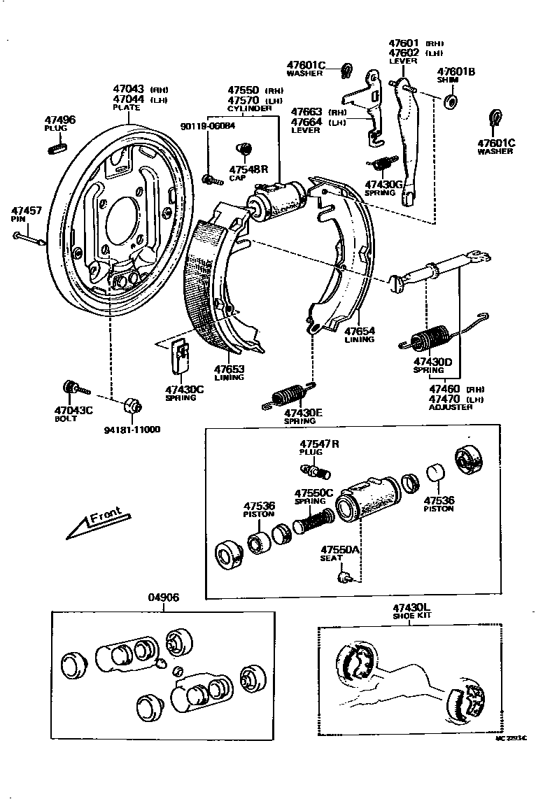 Toyota COROLLA 后鼓式制动器分泵和底板 EPC diagram — MC2293C