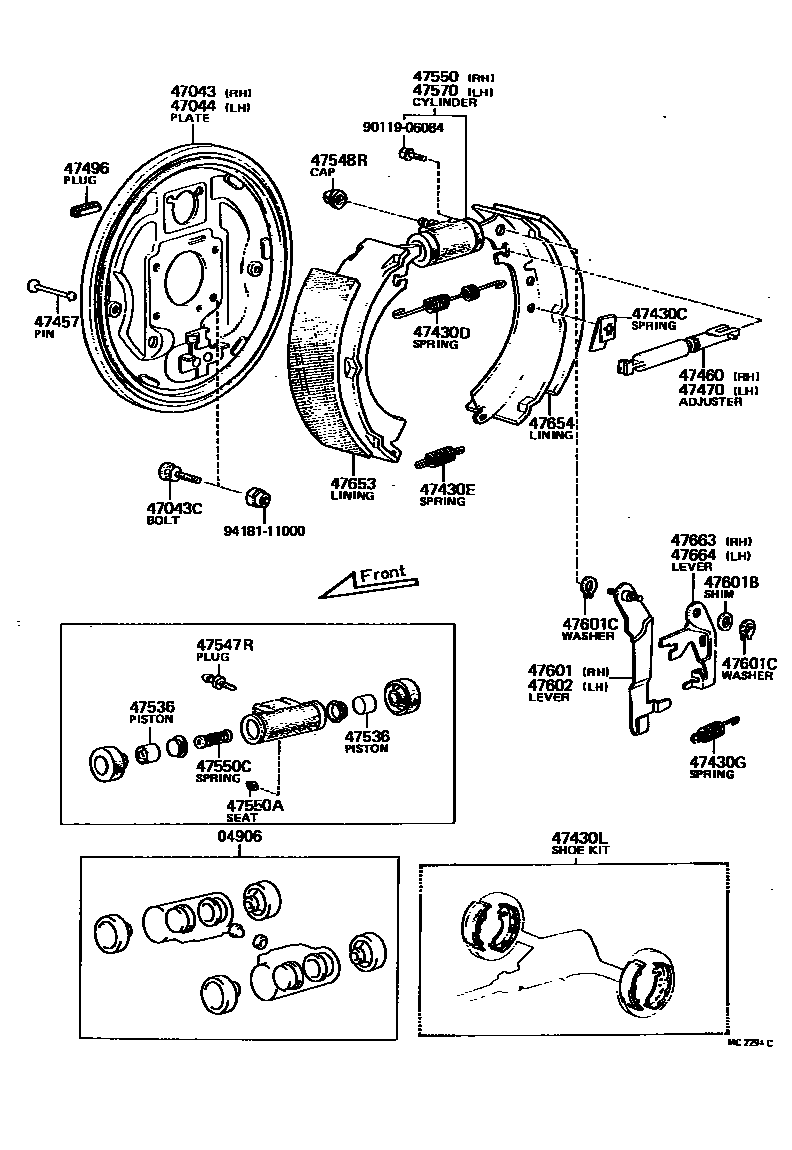 Toyota COROLLA 后鼓式制动器分泵和底板 EPC diagram — MC2294C