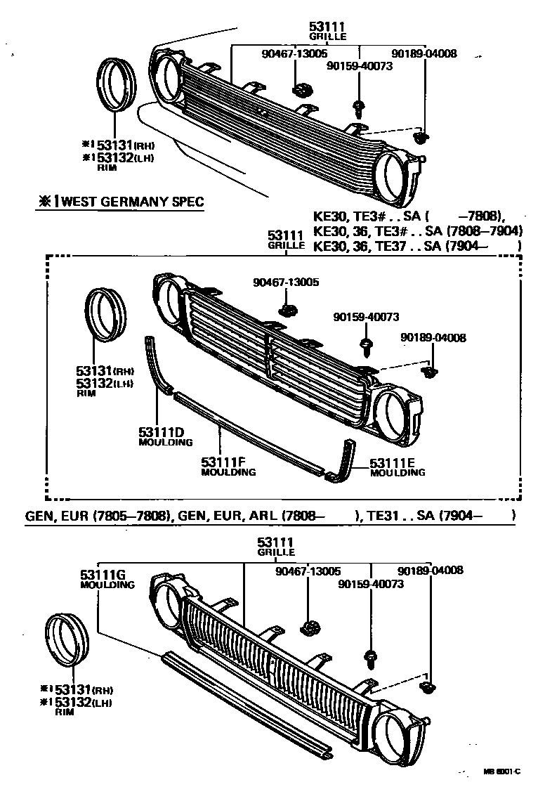 Toyota COROLLA radiator grille EPC diagram — MB8001C