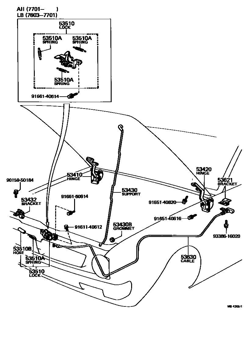 Toyota COROLLA 发动机盖锁和铰链 EPC diagram — MB4268E