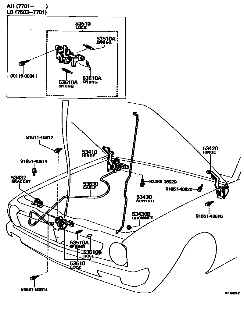 Toyota COROLLA 发动机盖锁和铰链 EPC diagram — MB5409C