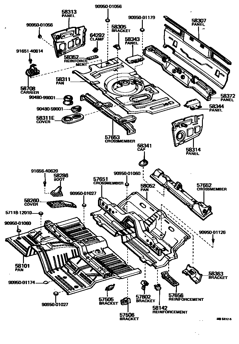 Toyota COROLLA 浅盘形地板和车身下背板 EPC diagram — MB5412B