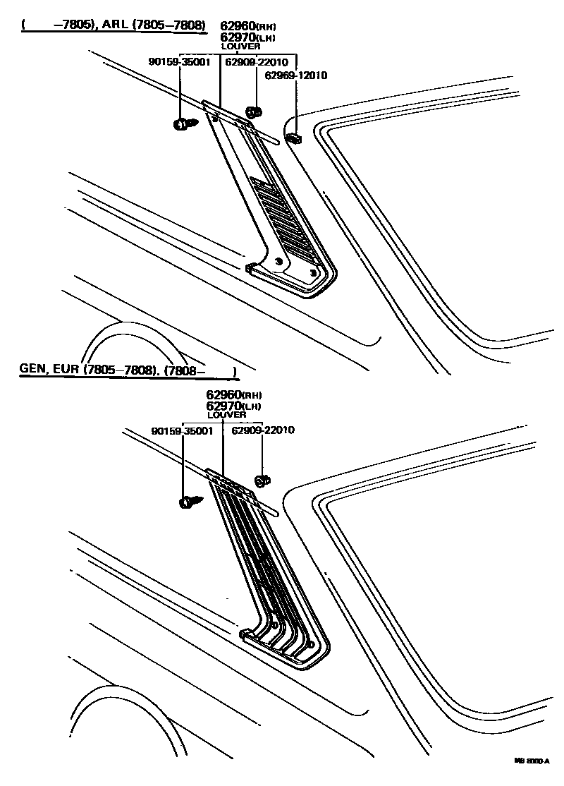 Toyota COROLLA 车侧通风装置 EPC diagram — MB8000A