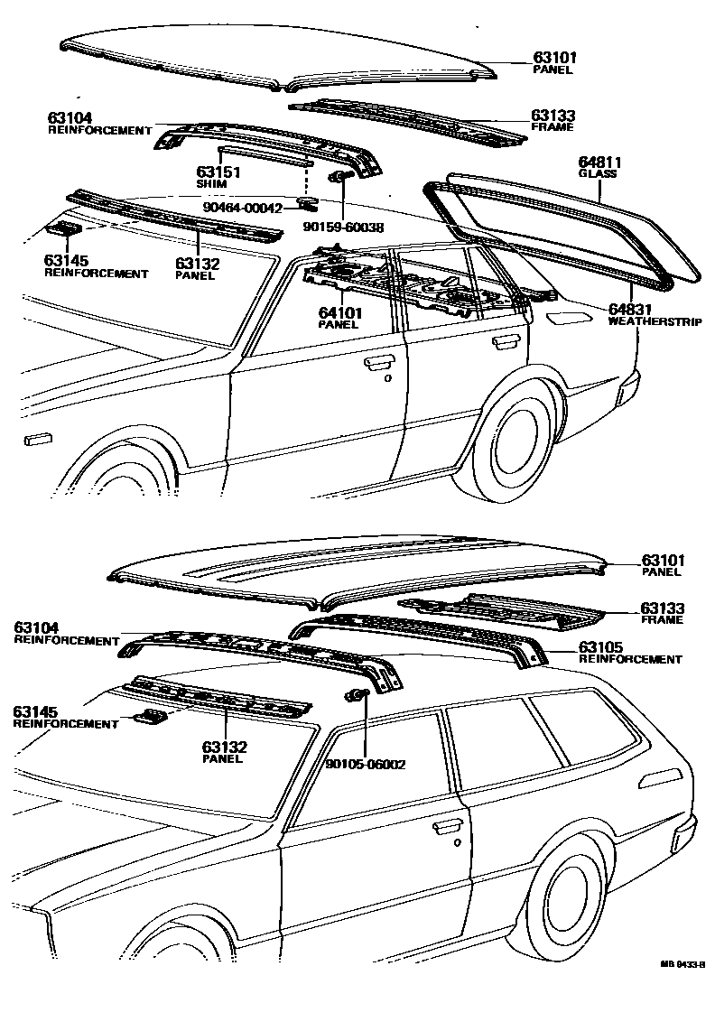 Toyota COROLLA 天窗板和背窗玻璃 EPC diagram — MB9433B