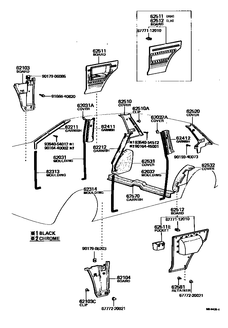 Toyota COROLLA 内饰板和车门防水胶条 EPC diagram — MB9435E