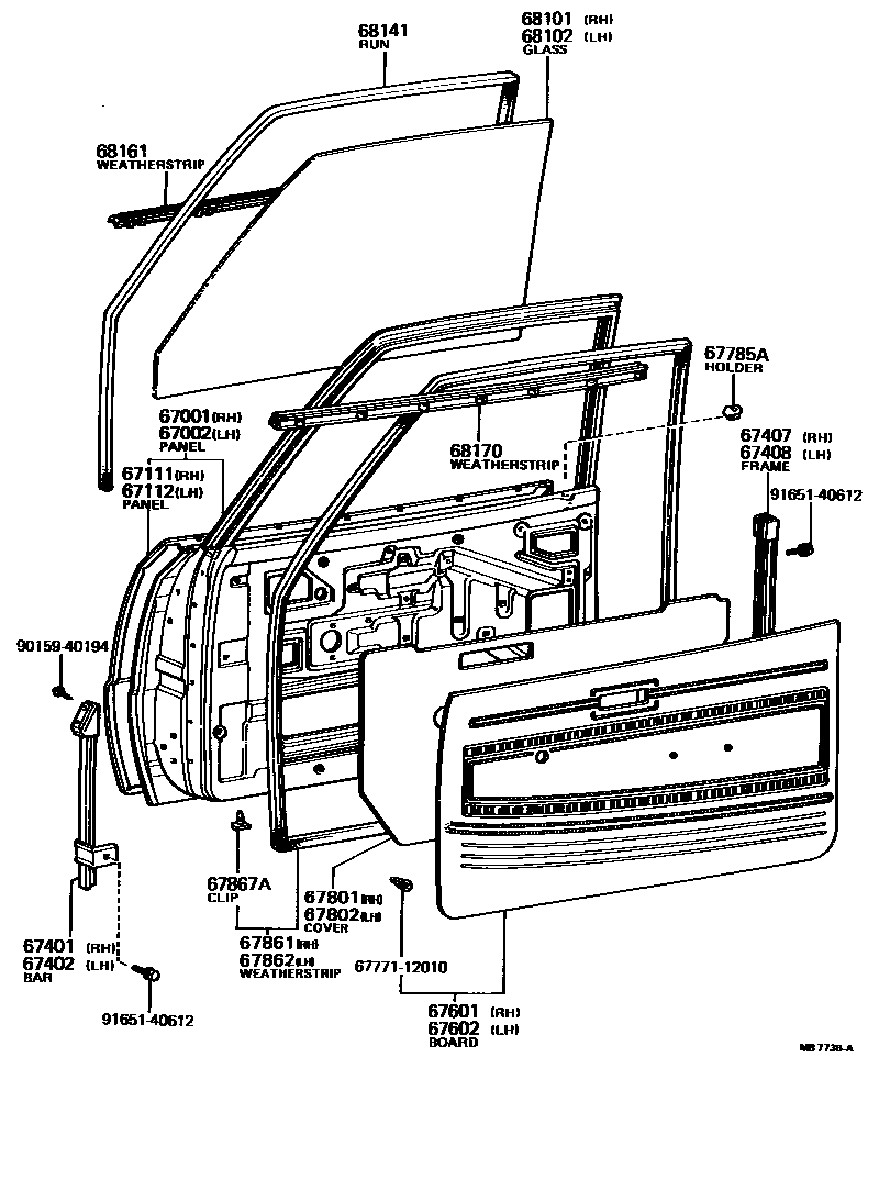 Toyota COROLLA 前门板和前门玻璃 EPC diagram — MB7736A