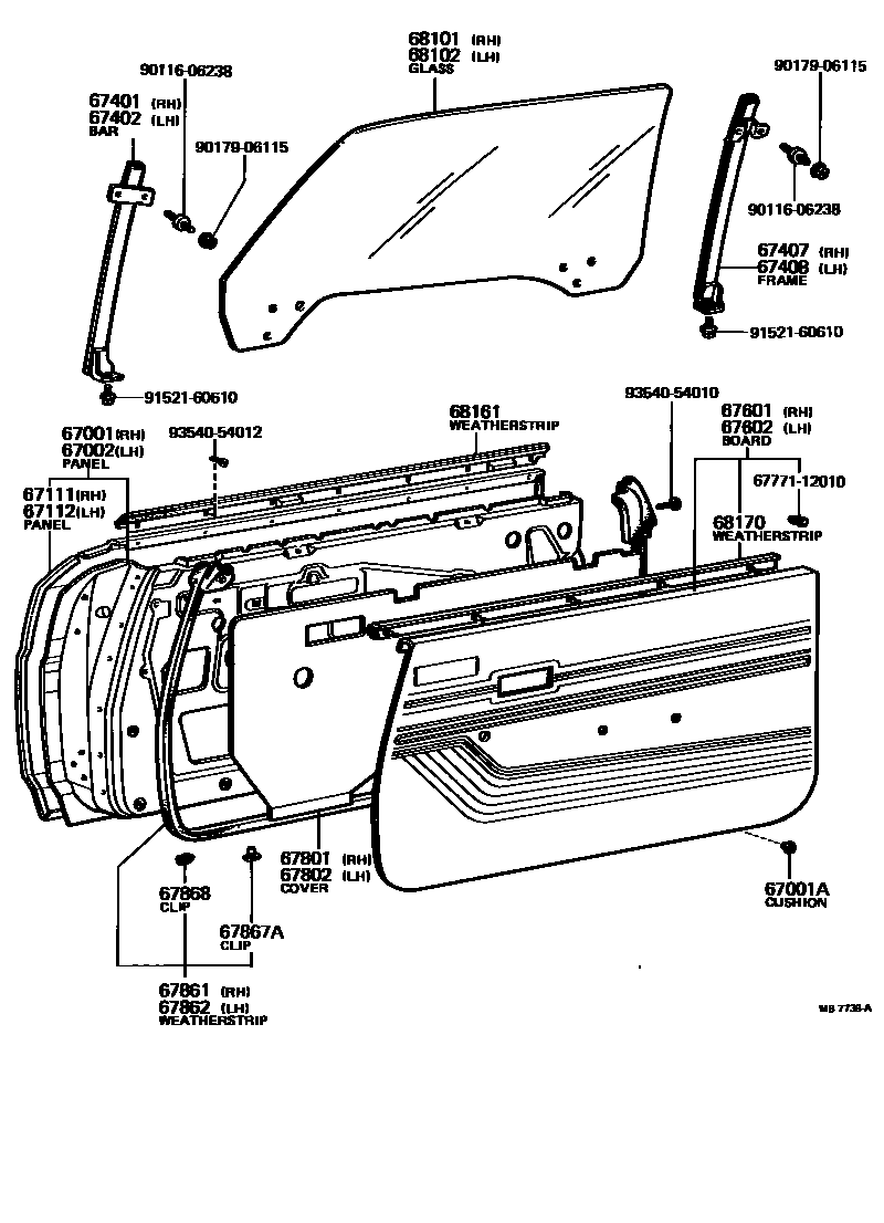 Toyota COROLLA 前门板和前门玻璃 EPC diagram — MB7738A