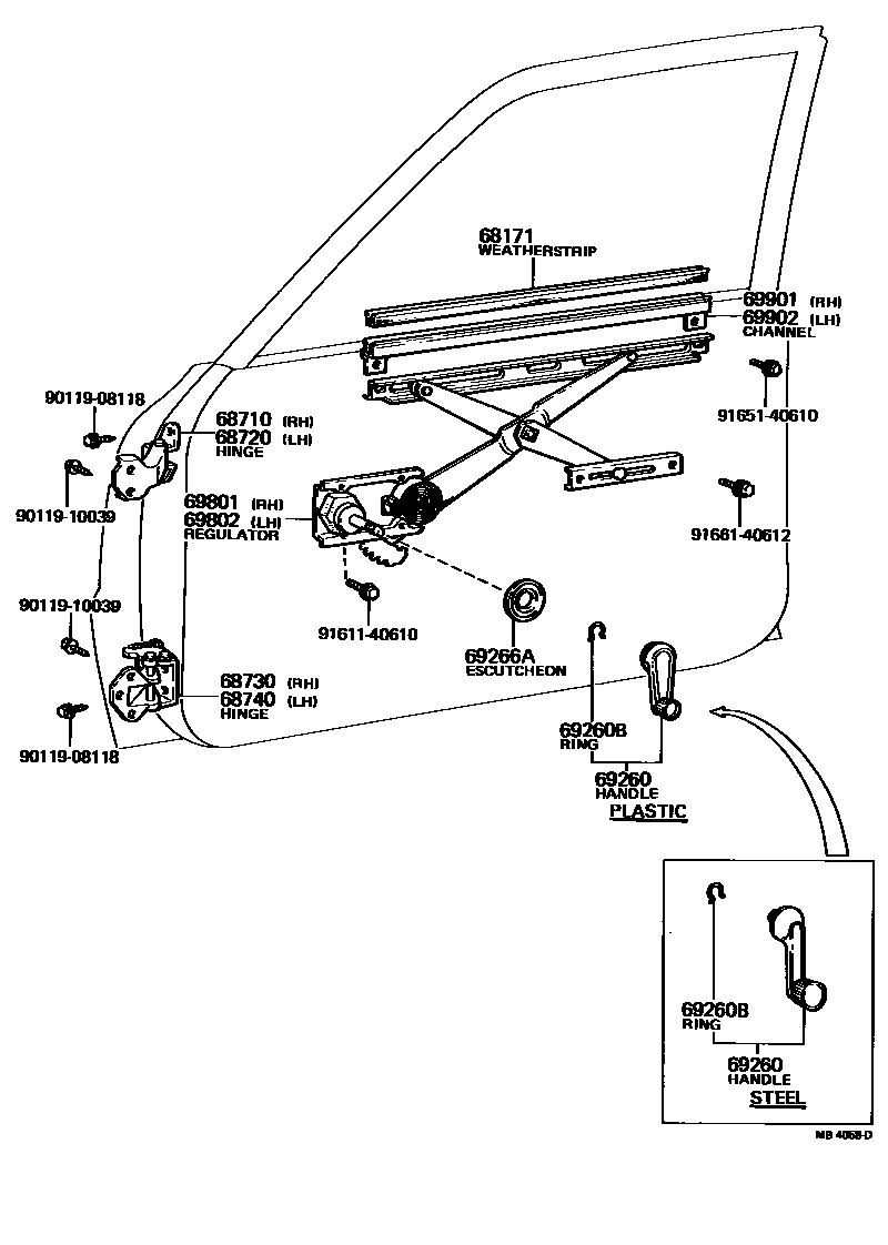 Toyota COROLLA 前门车窗升降器和合页 EPC diagram — MB4058D