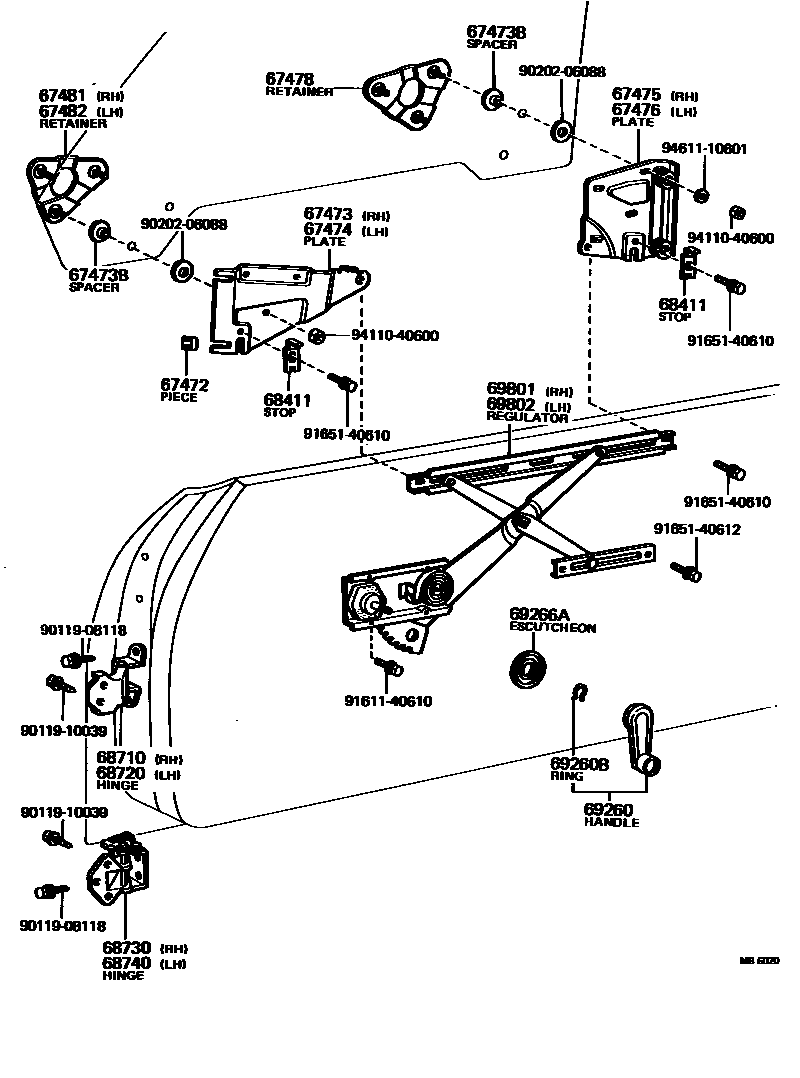 Toyota COROLLA 前门车窗升降器和合页 EPC diagram — MB6020