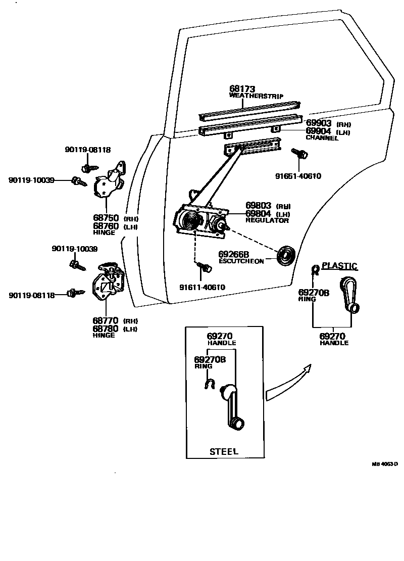 Toyota COROLLA 后门车窗升降器和合页 EPC diagram — MB4063D