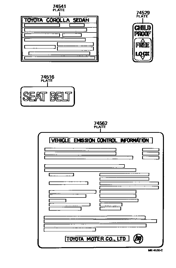 Toyota COROLLA 警示铭牌(车外和车内) EPC diagram — MB4530C