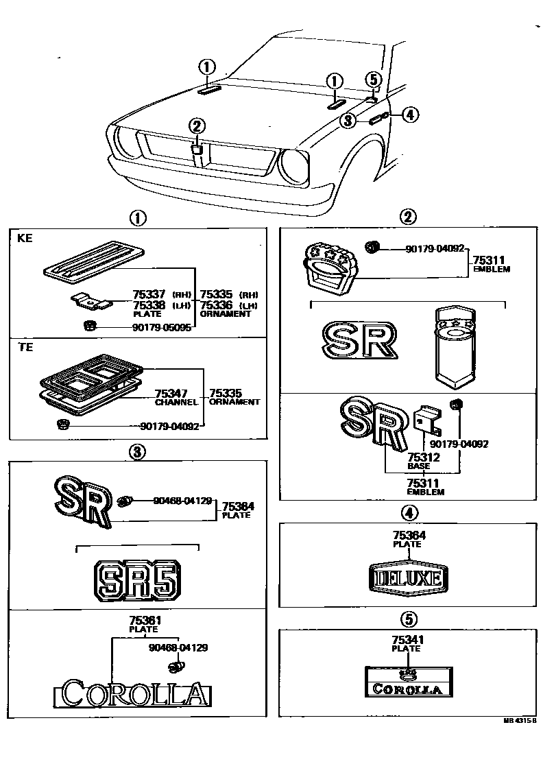Toyota COROLLA 丰田徽标和铭牌(车外和车内) EPC diagram — MB4315B