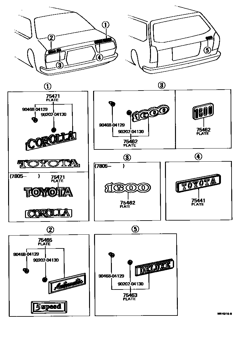 Toyota COROLLA 丰田徽标和铭牌(车外和车内) EPC diagram — MB4316B