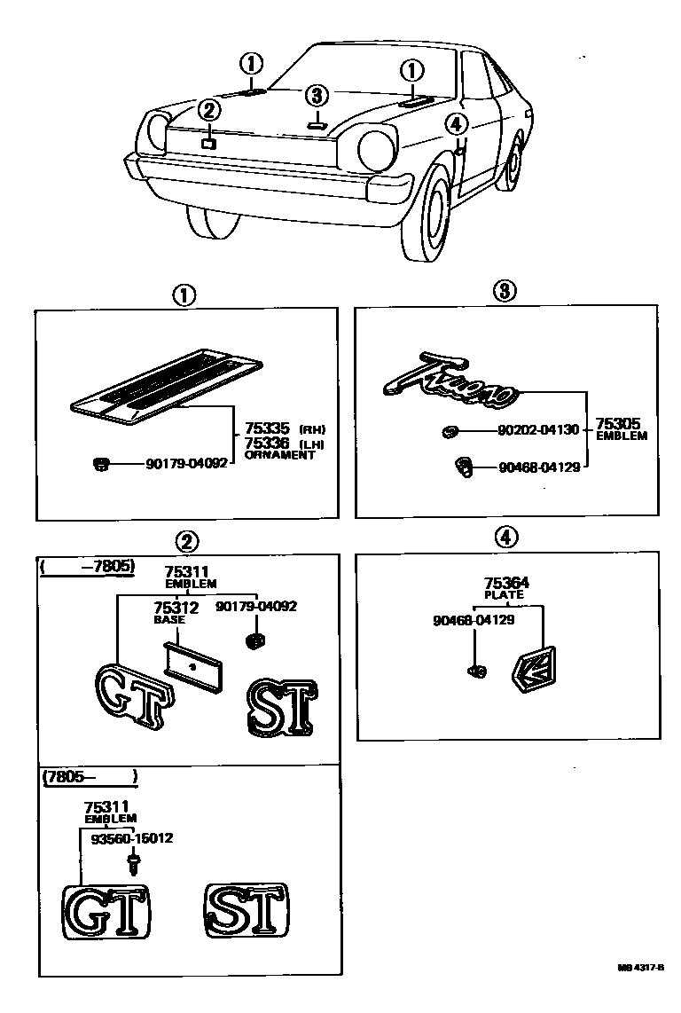 Toyota COROLLA 丰田徽标和铭牌(车外和车内) EPC diagram — MB4317B