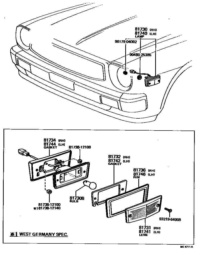 Toyota COROLLA Side Turn Signal & Outer Mirror Lamp EPC diagram — ME4711A
