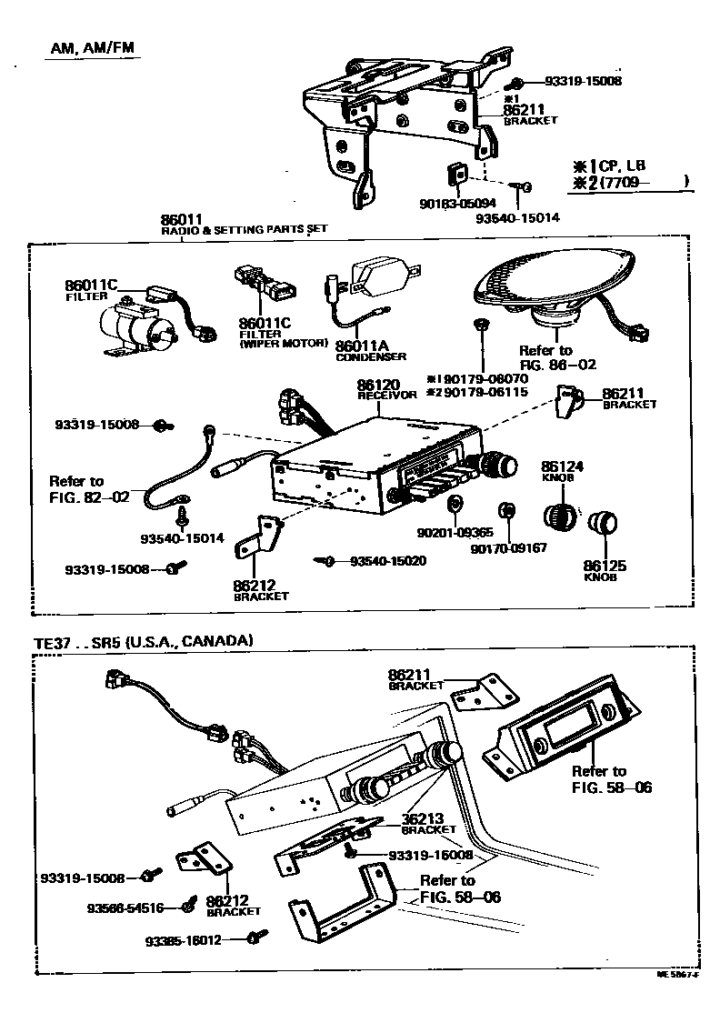 Toyota COROLLA 收音机、放大器和冷凝器 EPC diagram — ME5867F