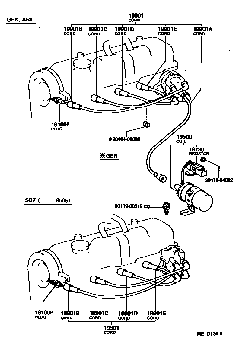 Toyota COROLLA 点火线圈和火花塞 /电热塞 EPC diagram — MED134B