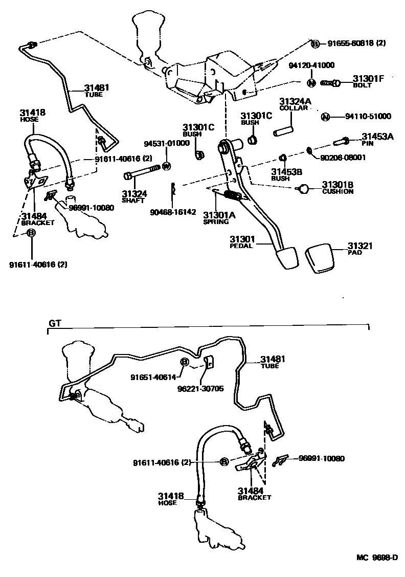Toyota COROLLA 离合器踏板和挠性软管 EPC diagram — MC9698D