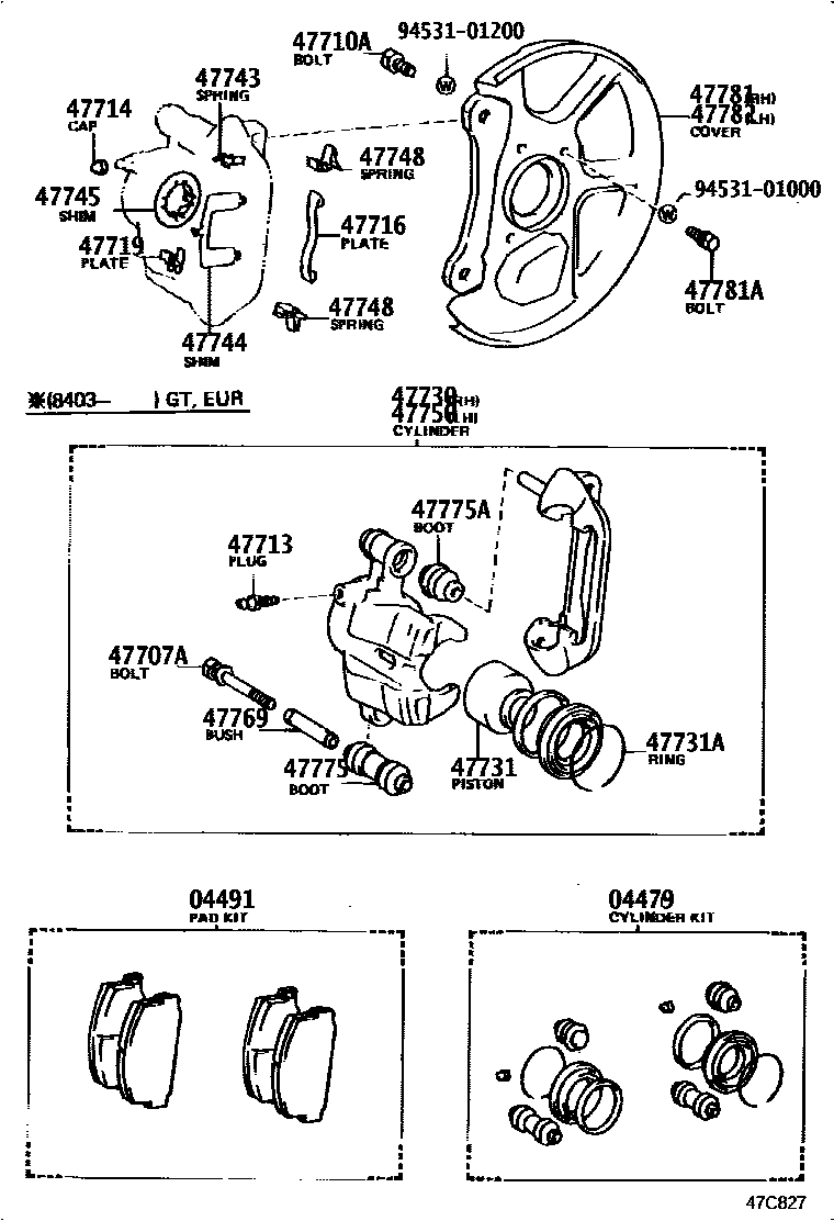 Toyota COROLLA 前盘式制动器卡钳和防尘罩 EPC diagram — 47C827