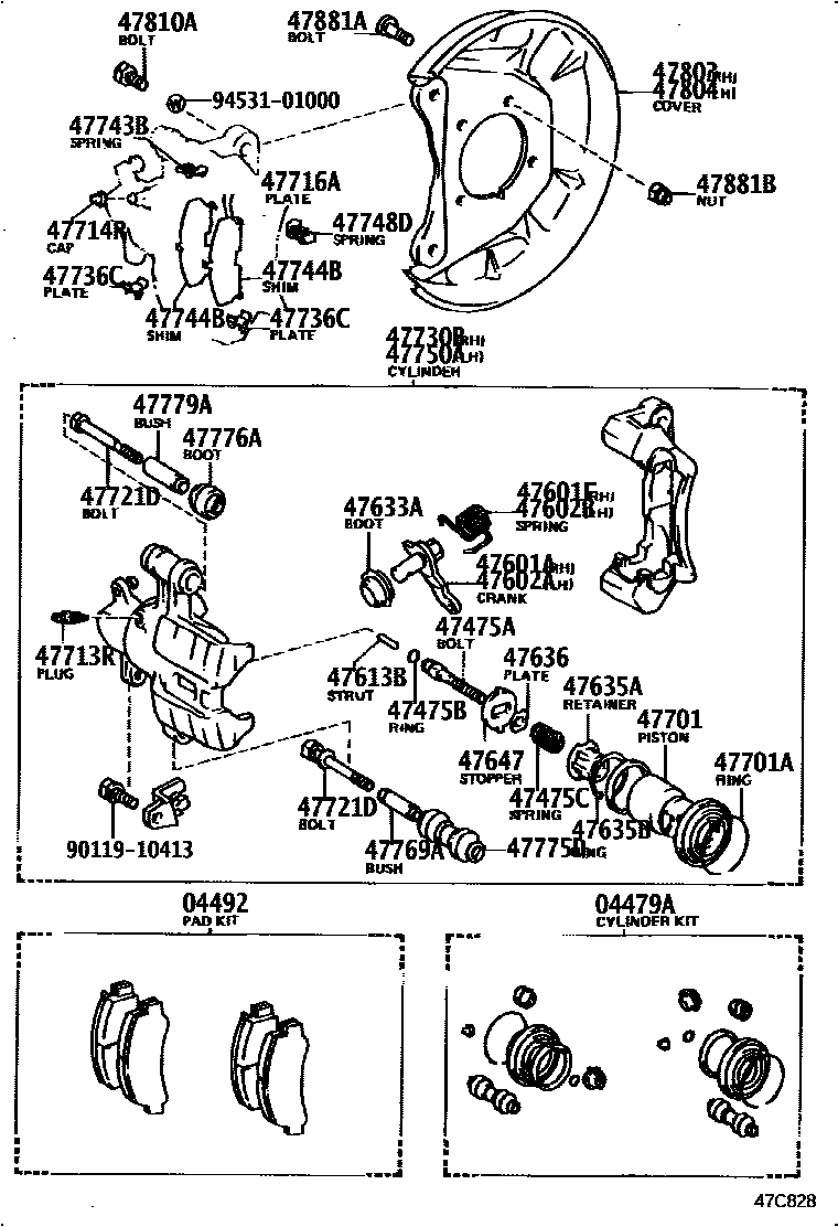Toyota COROLLA 后盘式制动器卡钳和防尘罩 EPC diagram — 47C828
