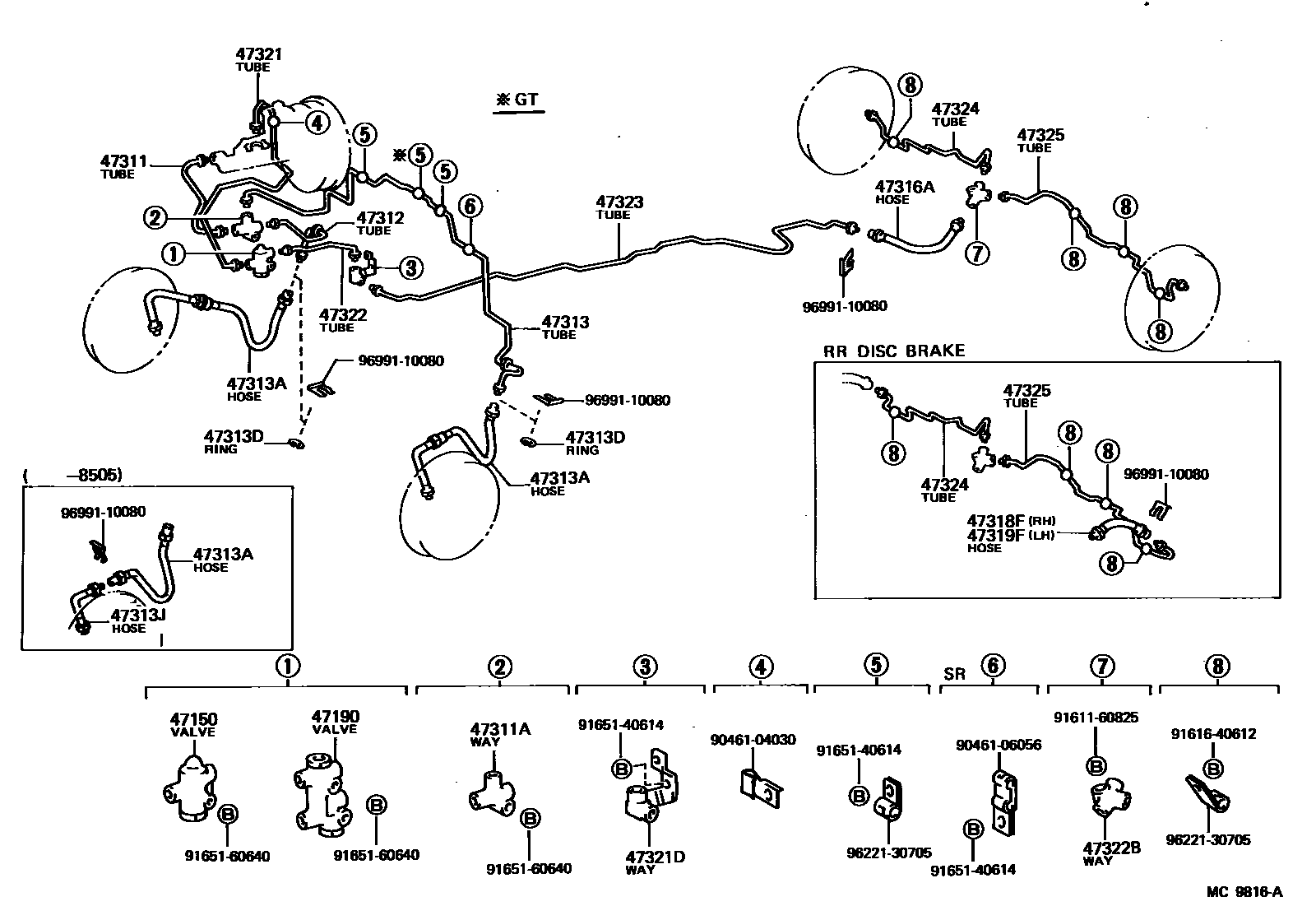 Toyota COROLLA 制动配管和卡箍 EPC diagram — MC9816A