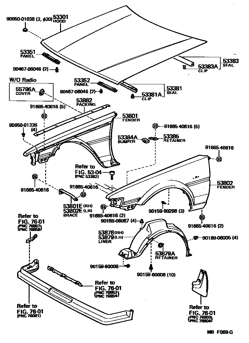 Toyota COROLLA 发动机盖和前翼子板 EPC diagram — MBF069G